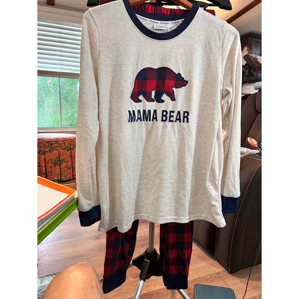 Dearfoams Mama Bear Pajamas Set Womens Red Buffalo Plaid Long Sleeve 2 Piece L